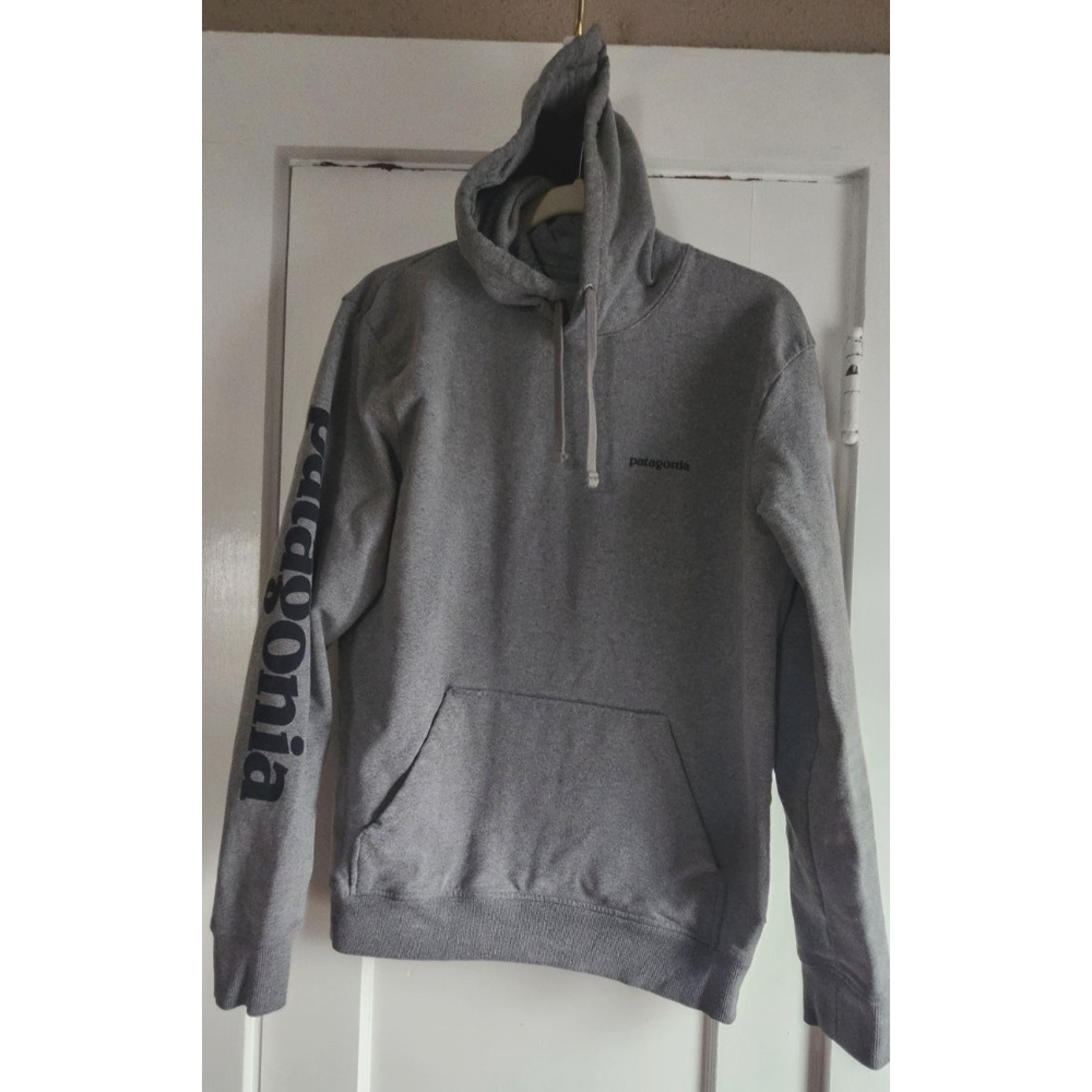 Patagonia men Sz M Text logo uprisal hoodie gray heavy cotton‎ blend
